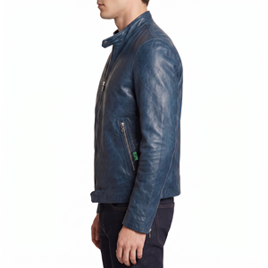 Veste en cuir bleue pour homme avec fermeture éclair sur le devant, col montant, manches longues, coupe ajustée, style décontracté pour l'hiver - Product Image 3