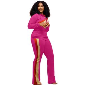 Conjunto Deportivo Rosa para Mujer Talla Grande, Top de Manga Larga con Cierre de Media Cremallera y Bolsillos Laterales con Bloques de Color, Ropa Casual de Otoño - Product Image 1