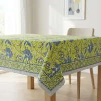 Nappe en coton imprimée à la main indienne, motif floral vert jaune bleu, rectangulaire, style bohème, pour salle à manger