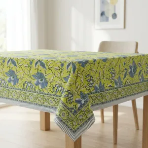 Nappe en coton imprimée à la main indienne, motif floral vert jaune bleu, rectangulaire, style bohème, pour salle à manger - Product Image 3