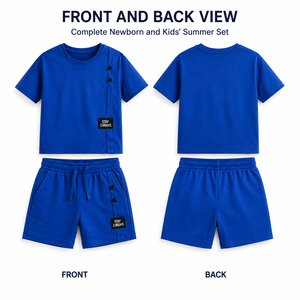 Ensemble t-shirt et short en coton tricoté unisexe à manches longues, couleur personnalisée, tenue décontractée d'été pour enfants - Product Image 2