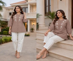 Kurta en coton brodé marron pour femmes avec pantalon blanc, coupe ample, style décontracté, Inde, Pakistan, toutes saisons, 86179 FVD-7star - Product Image 2