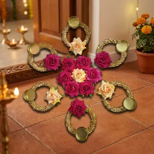 Artificial Rose Tealight Candle Holder Set Golden <b>Leaf</b> Rings Luxury Handicraft Eco-Friendly Floral Rangoli Decor Diwali Wedding - Product Image 6