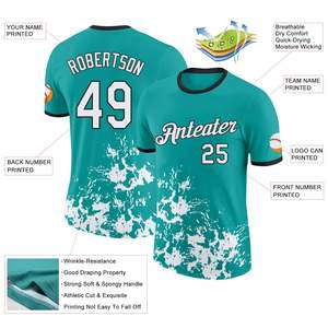 ซื้อเลย เสื้อเบสบอล สีเขียวอมฟ้า ลายสาดสีขาว พิมพ์ลายแบบ Sublimated โพลีเอสเตอร์ 100% แขนสั้น คอกลม พิมพ์ชื่อทีมและหมายเลข สำหรับทุกเพศ - Product Image 2