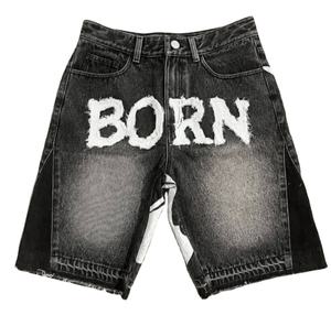 Shorts d'été streetwear amples, vintage, respirants, coupe-vent, anti-plis, taille mi-haute, avec logo imprimé personnalisé, patchwork et effet délavé - Product Image 1