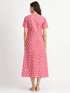 Vestido Midi Rosa con Estampado de Lunares, Corte en A, Mangas Cortas, Cuello Redondo, Ajuste Holgado, Estilo Casual de Verano, Tejido de Algodón - Product Image 5