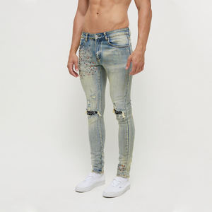 Jeans de Mezclilla Ajustados para Hombre, Desgastados y Rotos, con Diseño de Puntos con Lentejuelas, Cintura Media, Estilo Casual, 100% Algodón Tejido - Product Image 1