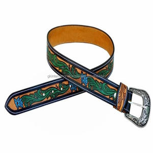 Ceinture d'outillage à la main en cuir Western design coloré en relief floral ceinture en cuir usiné à boucle occidentale pour cow-boy - Product Image 4