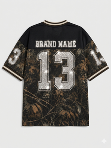 Elegante Camiseta de Fútbol Americano Unisex con Estampado de Camuflaje Personalizado, Pedrería y Malla Sublimada con Diseño Real Tree - Product Image 5