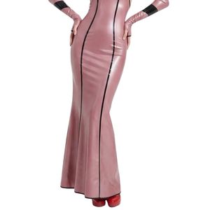 <b>Pink</b> PU Halter Neck Floor-Length Mermaid Dress With Contrast Binding Long Sleeve Fitted Sexy Party Wear - Product Image 2