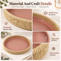 Ensemble de 2 plateaux décoratifs ronds en métal avec bord tressé naturel pour centre de table basse et décoration intérieure