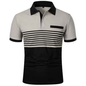 Men's Black And Beige Striped Short Sleeve Polo Shirt Knitted Casual Regular Fit With Pocket Color Blocked Design - Product Image 1