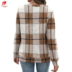 Sweat-shirt en molleton à carreaux pour femme, à manches longues, col rond, tricoté, décontracté, pour l'automne - Product Image 2