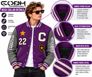 Blouson universitaire pour homme violet à blocs de couleur, col montant, boutonnage, manches en similicuir, appliqués, style baseball classique - Product Image 4