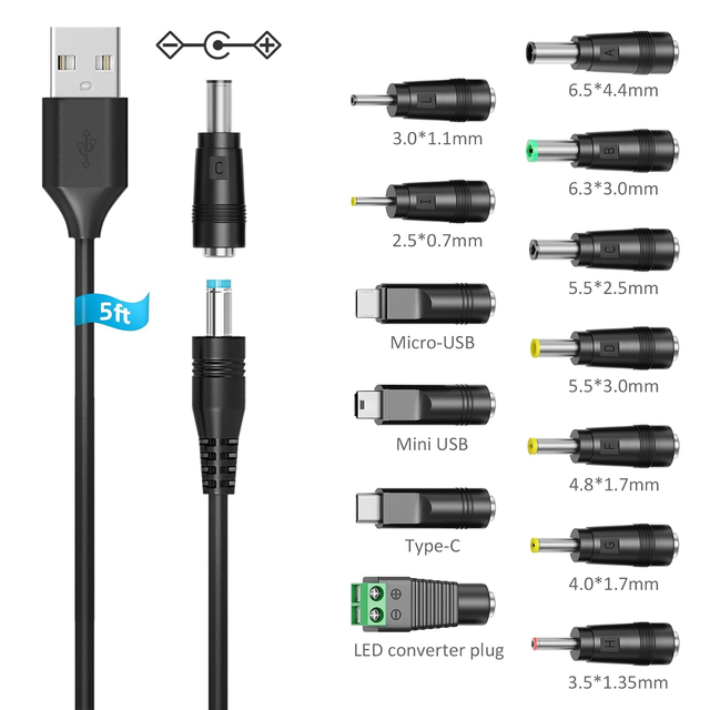 Universal USB to DC 5V Power Cord with 13 Tips USB-DC Charging Cable for Router LED Light Mini Fan Speaker and More 5V Devices