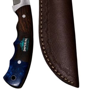 Cuchillo de Caza de Hoja Fija con Mango Bicolor de Nogal Oscuro y Resina Azul Profundo, Cuchillo de Supervivencia para Caza y Camping al Aire Libre con Espiga Completa - Product Image 2