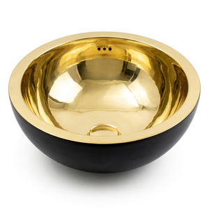 Lavabo de salle de bain rond à poser, noir mat et laiton doré, double ton, pour hôtels et villas - Product Image 1