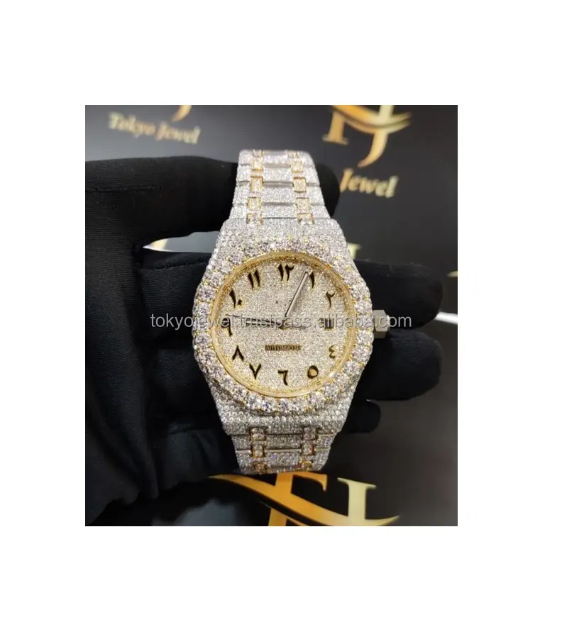 Ready To Ship Hip Hop High Quality VVS Moissanite Diamond Studded Rose Tow Tone Color Watch For Men Big Manufacturer Wholesale