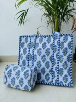 Sac de toilette matelassé fait main, imprimé à la main, réversible, grand sac fourre-tout avec fermeture éclair pour le shopping, printemps, 100% coton