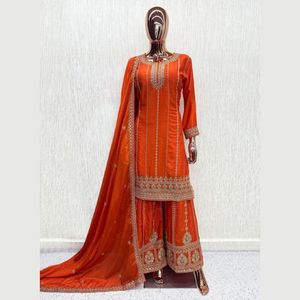Premium Heavy Chinon Embroidered <b>Top</b> Palazzo Set With Designer <b>Sequins</b> Dupatta <b>Party</b> Wear Manufacturer By Royal Exports - Product Image 6