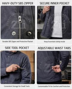 เสื้อแจ็คเก็ตทำงานสำหรับผู้ชายสีเทาเข้ม ยี่ห้อ Zii ทรงปกติ ตะเข็บเชื่อมป้องกันความร้อน เสื้อผ้าป้องกันความร้อนสำหรับโรงงานและเวิร์กช็อป พร้อมหน้ากากป้องกัน - Product Image 5