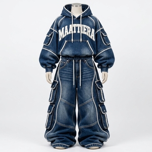 <b>Womens</b> <b>Dark</b> <b>Blue</b> Washed Denim Hoodie And Baggy Cargo <b>Jeans</b> Set White Contrast Piping Oversized Streetwear Custom OEM Wholesale - Product Image 3