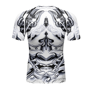 Men's Short Sleeve Rash Guard <b>Compression</b> <b>Shirt</b> Quick Dry Printed Tribal Design <b>White</b> Black MMA Training Top - Product Image 3