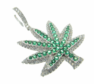 925 <b>Silver</b> Moissanite Leaf <b>Pendant</b> Rhodium Plated Green Iced Charm Necklace <b>for</b> <b>Men</b> Women - Product Image 3