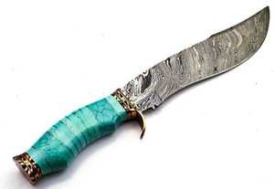 Cuchillo de Caza de Hoja Fija 2026 LEGACY BLADES de Acero de Damasco Premium, Hoja Serrada con Punta Caída, Mango Turquesa con Detalles Dorados, OEM ODM - Product Image 5