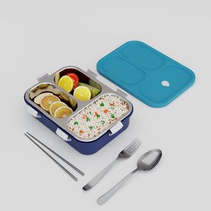 Boîte à lunch à 3 compartiments, étanche, en plastique bleu, avec couvercle hermétique et ustensiles, boîte à lunch portable, boîte à lunch de bureau - Product Image 4