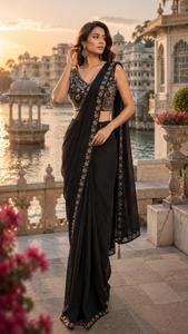 Sari Tradicional Azul de Seda para Mujer con Bordado Dorado, Largo hasta el Suelo, Estilo Indio-Pakistaní, Corte Regular, Elástico, para Bodas - Product Image 3