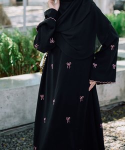 Modest Islamic Elegant Breathable Quick Dry Handmade <b>Black</b> Beaded Polyester Solid Pattern Eid Ramadan Abaya Loose <b>Long</b> <b>Sleeve</b> - Product Image 4