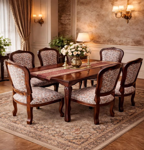 Regal 8-seater European <b>dining</b> table crafted with light wood finish and deep emerald green tufted <b>velvet</b> <b>chairs</b>, at wholesale. - Product Image 2