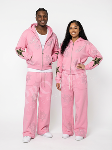 Ensembles deux pièces de qualité supérieure avec logo personnalisé, ornés de strass : sweats à capuche et pantalons évasés - Product Image 4