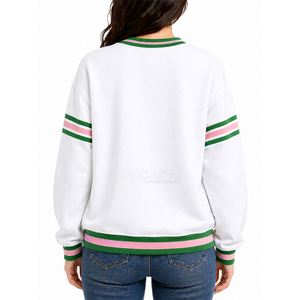 Sudadera Blanca con Cuello Redondo de la Hermandad Universitaria Cosh International, con Rayas Verdes y Rosas, Bolsillos, Corte Regular, Estilo Casual Otoñal - Product Image 3