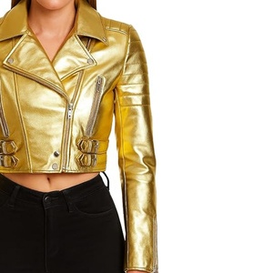 University Gold Metallic PU Moto Biker Jacket <b>Women</b> Short Cropped <b>Jean</b> Style OEM Turn Down Collar <b>Belted</b> Motorcycle Coat - Product Image 3