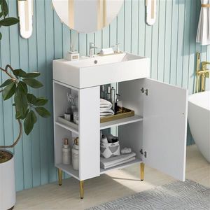 Mobile Bagno Impermeabile Bianco da 21.6'' con Lavabo Singolo in Ceramica e Mobiletto Contenitore a Sinistra, Specchio Integrato, Ideale per Hotel - Product Image 2