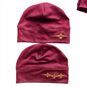 Lightweight Breathable Custom Jacquard Deep Wine <b>Red</b> Golden Unisex Adults Winter Beanie 100% Acrylic Vintage Style Luminous - Product Image 1