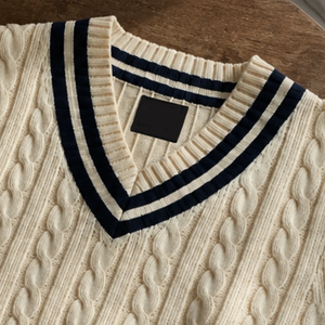 <b>Men's</b> Cream Cable Knit V-Neck Sleeveless Vest Solid Color Autumn Knitted <b>Sweater</b> - Product Image 3