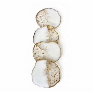 White Resin <b>Coaster</b> Set With <b>Gold</b> Flakes and Matching Mug, Handmade Faux Agate Epoxy Drink <b>Coasters</b> With <b>Gold</b> Rim For Coffee Mat - Product Image 3