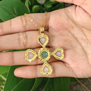 Romantic Jewelry Briolette Cut Opalite Quartz and Aqua Chalcedony Cross Pendant Necklace 18k Gold Plated Chain Brass Necklace - Product Image 6