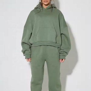 Women Hooded Tracksuit Set Solid Green Full Sleeve Casual Loose Fit 100% Cotton Sweatshirt Joggers <b>Pants</b> Autumn Wear - Product Image 2