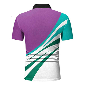 เสื้อโปโลผู้ชายแบบซับลิเมชั่น สีม่วง เขียว ขาว ลายกราฟิก แขนสั้น ระบายอากาศได้ดี ผลิตจากโพลีเอสเตอร์ รับทำโลโก้ตามสั่ง จำหน่ายจำนวนมาก - Product Image 2