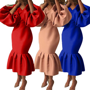 Robe de soirée sirène élégante pour femme, col en V, grande taille, manches longues bouffantes, couleur unie, avec volants, collection Printemps 2026 Afrique - Product Image 2