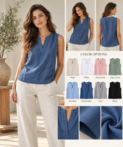 Camiseta sin Mangas Azul, Transpirable, de Lino/Algodón, Cuello en V Plisado, Corte Regular, Ropa Casual de Verano para Mujer, Ropa de Gimnasio Personalizada - Product Image 3