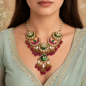 Designer Polki Look Silver Plated Crystal Rhinestone Necklace Earrings Set Trendy Elegant Bead Accents Wedding Engagement <b>Gift</b> - Product Image 2