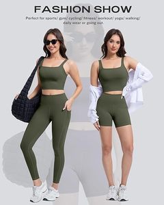 Olive Green 2 Piece Yoga <b>Set</b> <b>Square</b> Neck Crop Top High Waist Leggings Seamless With Pockets Full Length Activewear - Product Image 5