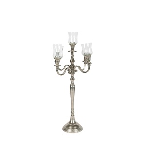 Elegant 3-Arm Silver Metal <b>Candelabra</b> With Glass Hurricane Shades Classic Decorative Aluminum Candle Holder Centerpiece For Sale - Product Image 1