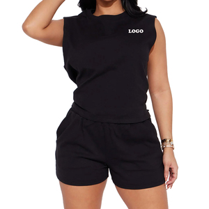 Ensemble 2 pièces tendance pour femme, haut sans manches et short en coton tricoté, col rond, noir uni, décontracté, printemps-été 2026, prix usine - Product Image 1