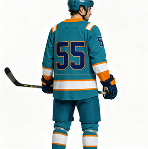 Maillot de hockey sur glace pour homme, couleur turquoise, respirant, imprimé par sublimation, col en V, manches longues, polyester, numéro d'équipe - Product Image 3